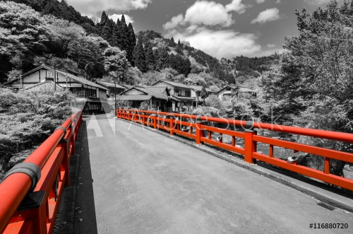 Black and white photo of a small Japanese village with selective color on the red bridge