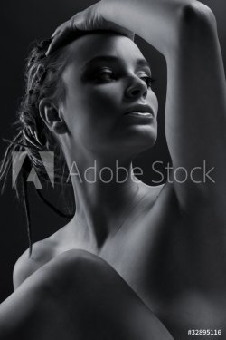 Black and white portait of young beauty with flirt look, studio - 900463744