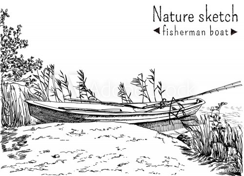 Black and white sketch of fisherman boat at a shoe of lake or river, with fishing roods in it. Trees and grass growing on the lakeside with reeds. Vector illustration.