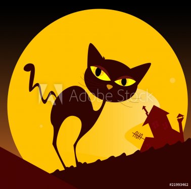 Black cat silhouette and city sunset. Vector Illustration.