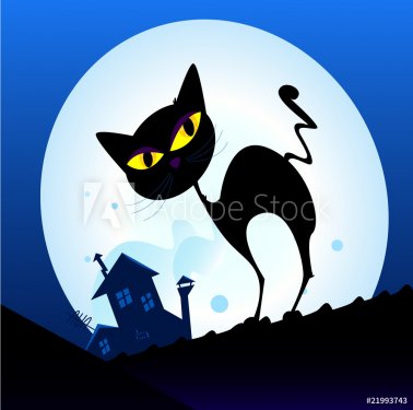 Black cat silhouette in night town. Vector Illustration - 900706145