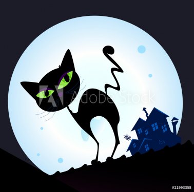 Black cat silhouette in night town. Vector Illustration - 900706165