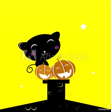 Black Halloween cat silhouette sitting on the roof - vector