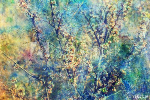 Blooming twigs and grunge messy watercolor splatter - 901143010