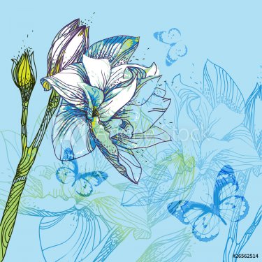 blue background with hand-drawn flowers - 900511178