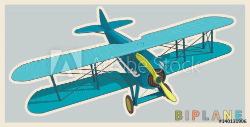 Blue biplane in vintage and color stylization. Model aircraft propeller with ... - 901149225