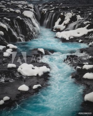 Blue Bruarfoss waterfall at winter, Iceland - 901154696