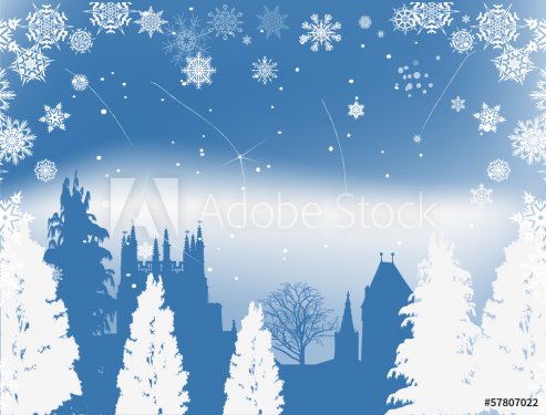 blue castle and white snowflakes