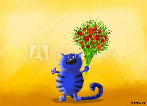 Blue Cat with Flowers on Yellow Background