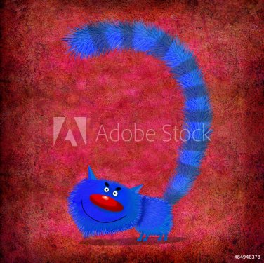 Blue Smiling Cat with Puffed Up on the Red Background - 901151925