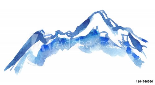 Blue snowy mountain peaks painted in watercolor on clean white background
