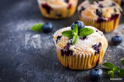 Blueberry muffins with powdered sugar and fresh berry - 901152530