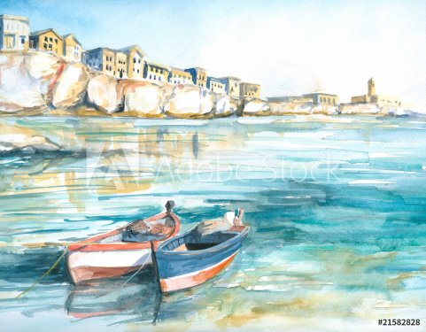 Boats in bay watercolor painted - 901153753