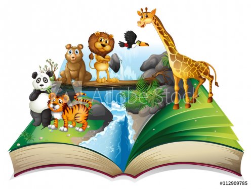 Book of wild animals at waterfall