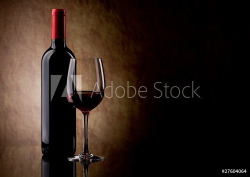 bottle with red wine and glass and grapes - 900077199