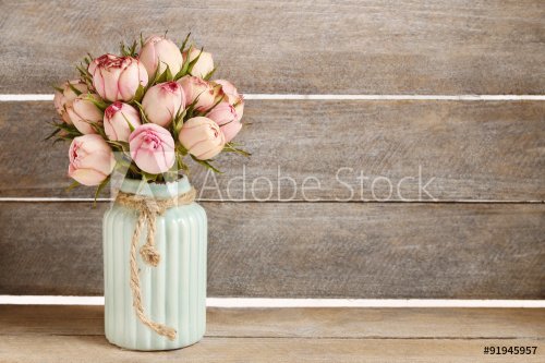 Bouquet of pink roses in turquoise ceramic vase - 901152607