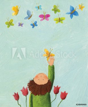 Boy and colorful butterflies