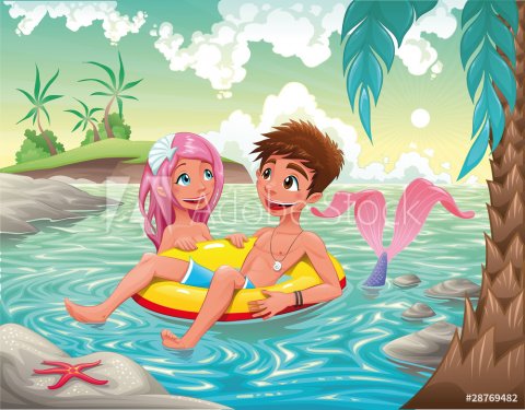 Boy and Mermaid in the sea. Vector illustration. - 900455752