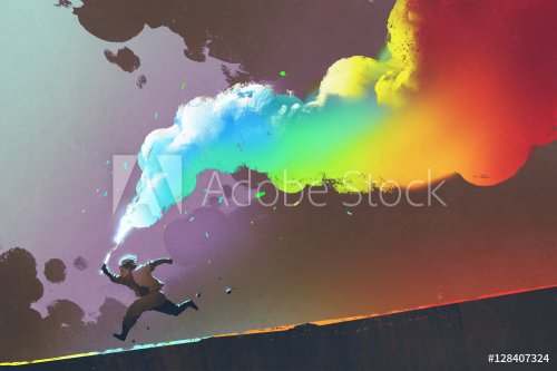 boy running and holding up colorful smoke flare on dark background,illustration painting