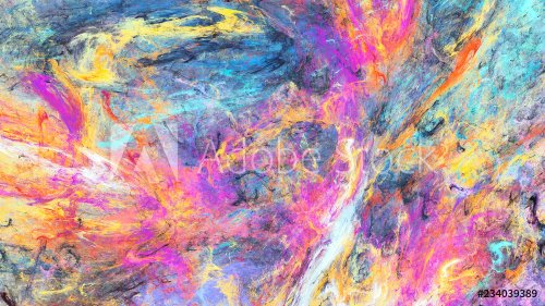 Bright artistic splashes. Abstract painting color texture. Modern futuristic pattern. Blue, pink and yellow dynamic background. Fractal artwork for creative graphic design