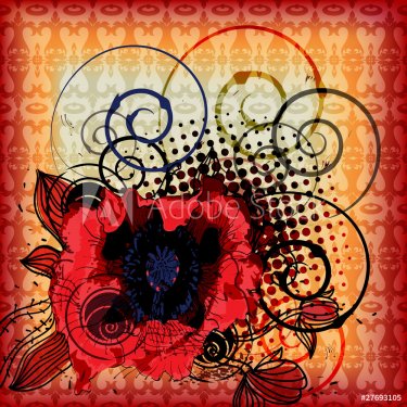 bright background with a red  brilliant poppy and black swirls