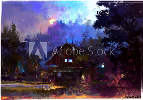 bright painted evening landscape with a hut in the forest