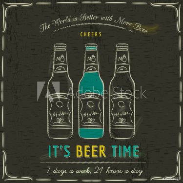 Brown blackboard with three bottles of beer and text - 901147353