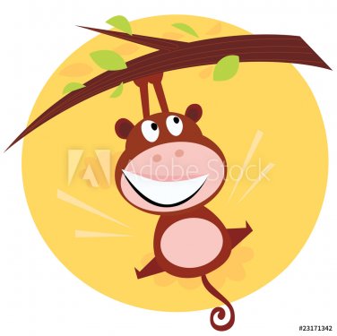 Brown cute monkey hanging from tree. VECTOR