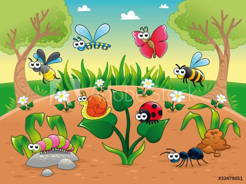 Bugs  with background. Vector illustration, isolated characters.