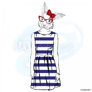 Bunny with the human body in a dress and sunglasses. Vector illustration. - 901147708