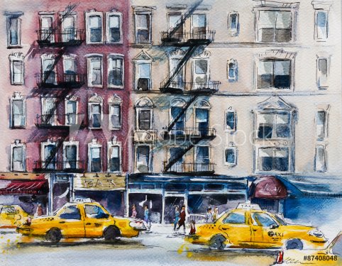 Busy New York street. Watercolor sketch - 901145003