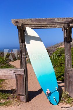 California surfboard on beach in Cabrillo Highway Route 1