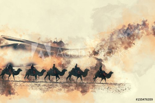 Camels in the desert  watercolor painting on white background with splash of ... - 901153873