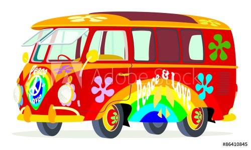 Caricatura furgoneta Volkswagen T1 microbus hippie multicolor vista frontal y lateral