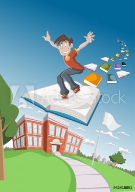 Cartoon boy flying on big book over school