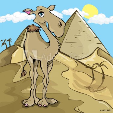 Cartoon camel in front of a pyramid - 900491535