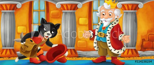 Cartoon cat visiting king in his castle - illustration for children
