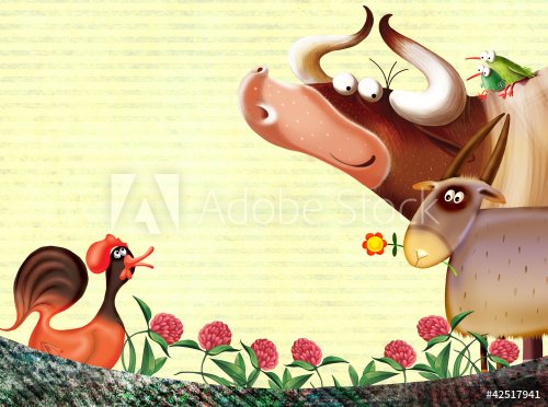 cartoon farm animals group/farm background with animals