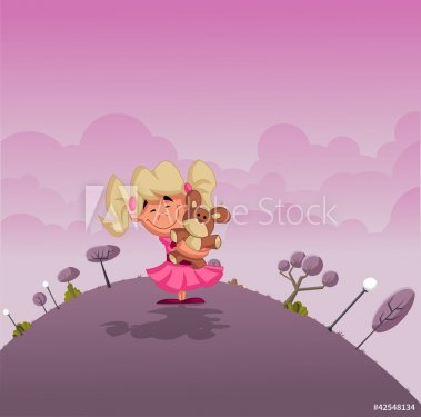Cartoon girl holding Teddy Bear on pink park