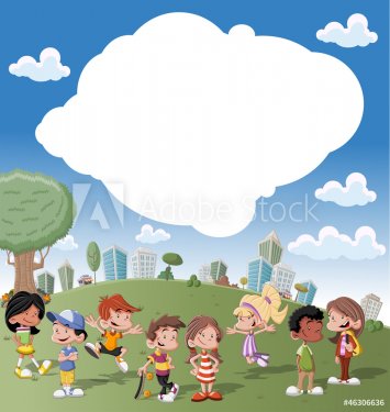 cartoon kids   playing in green park on the city - 900840258