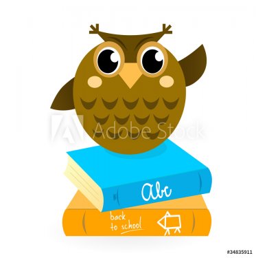 Cartoon Owl with books isolated on white.