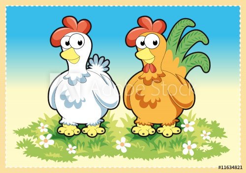 Cartoon Rooster and Hen