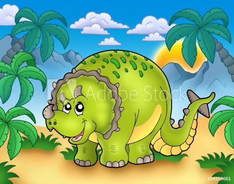 Cartoon triceratops in landscape - 900492231