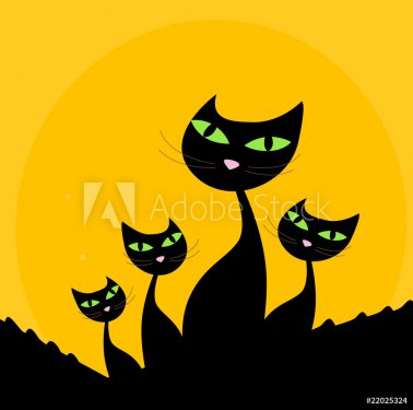 Cat family - black silhouette on orange background. Vector.