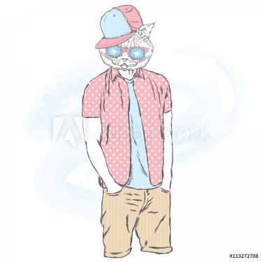 Cat hipster shorts and shirt. Cat with the human body. Cat with glasses and a... - 901147709
