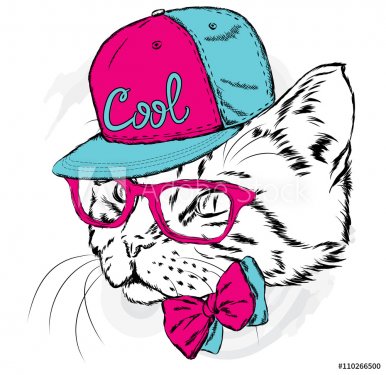 Cat in a cap and glasses. Vector illustration.
