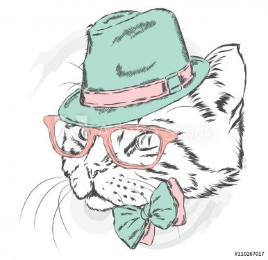 Cat in a hat and glasses. Vector illustration.