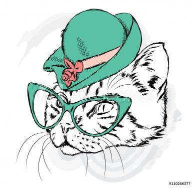 Cat in a hat and sunglasses. Vector illustration.