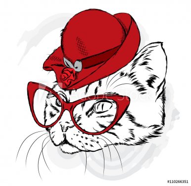 Cat in a hat and sunglasses. Vector illustration.