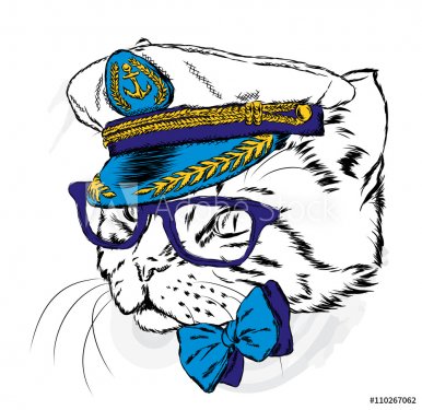 Cat in the captain's cap. Vector illustration.